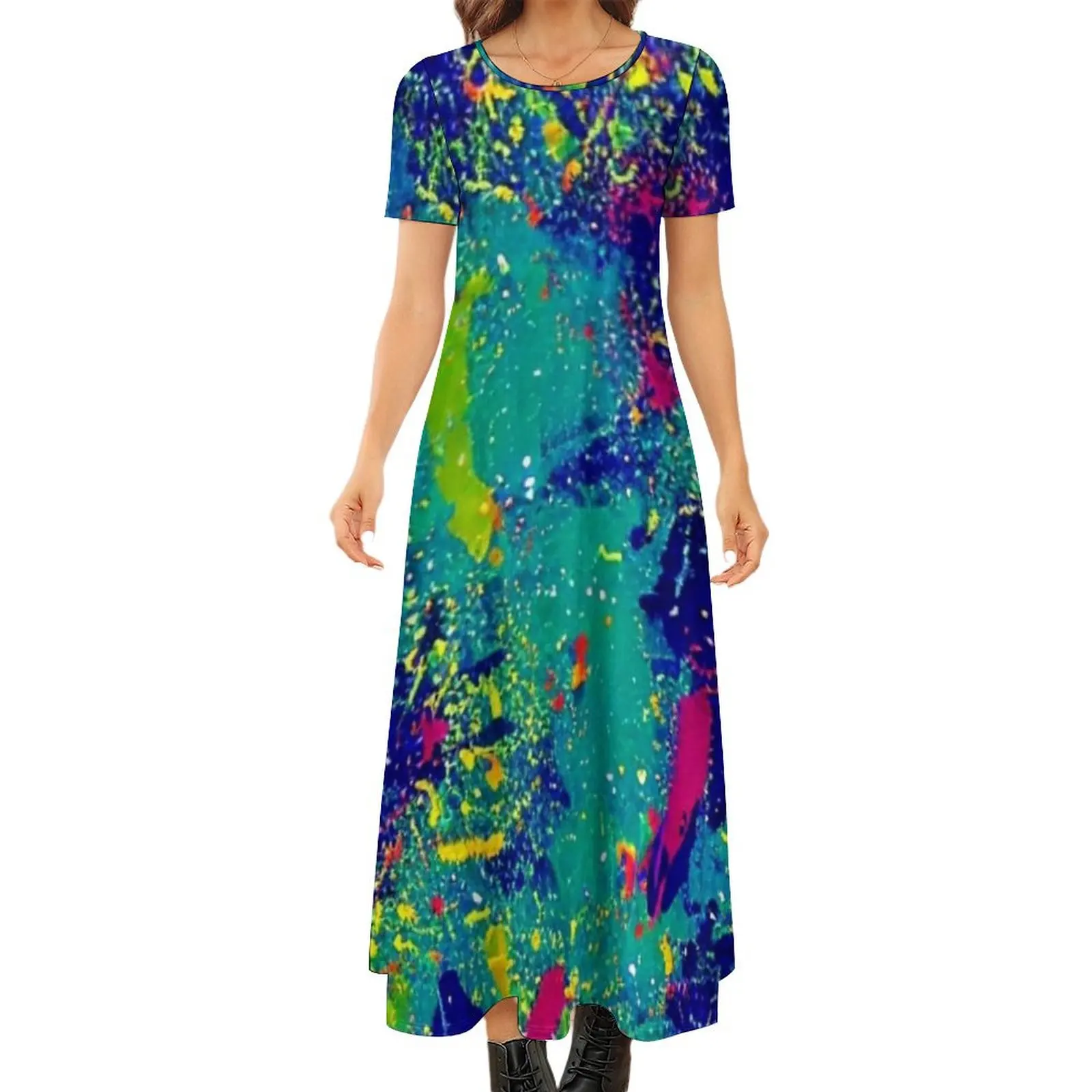 

Abstract Green and Blue Paint Splatter Pattern Round Neck Short Sleeve Dress dresses for women 2024