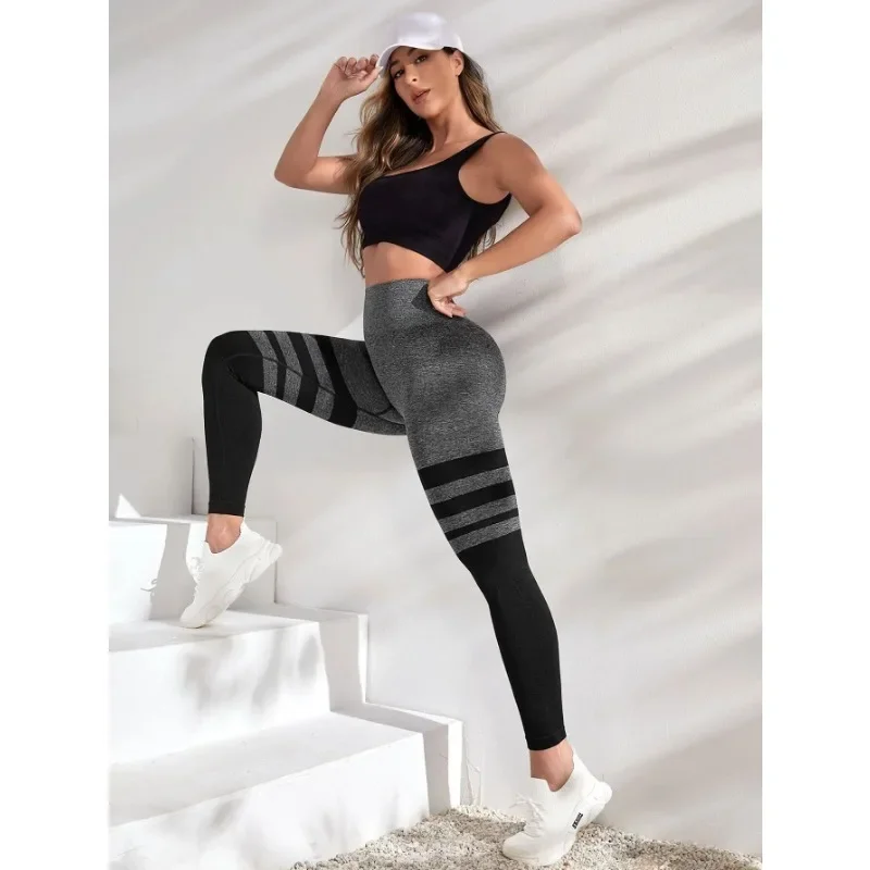 Black Stripe Leggings Women Seamless Slim Tights Gym Trainning Running High Waist Hip Liftting Fashion Knit Yoga Fitness Pants