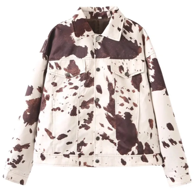 

Womens Autumn American Style Jacket Lapel Collar Tie Dying Printe Long Sleeves Single-Row Buttons Retro-Inspired Outerwear