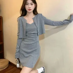 Gray Dress Sexy Mini Short 2 Pieces Sets for Women Mature Woman Outfit Night Club Commuting Long Sleeve Slim Fit New in The Same