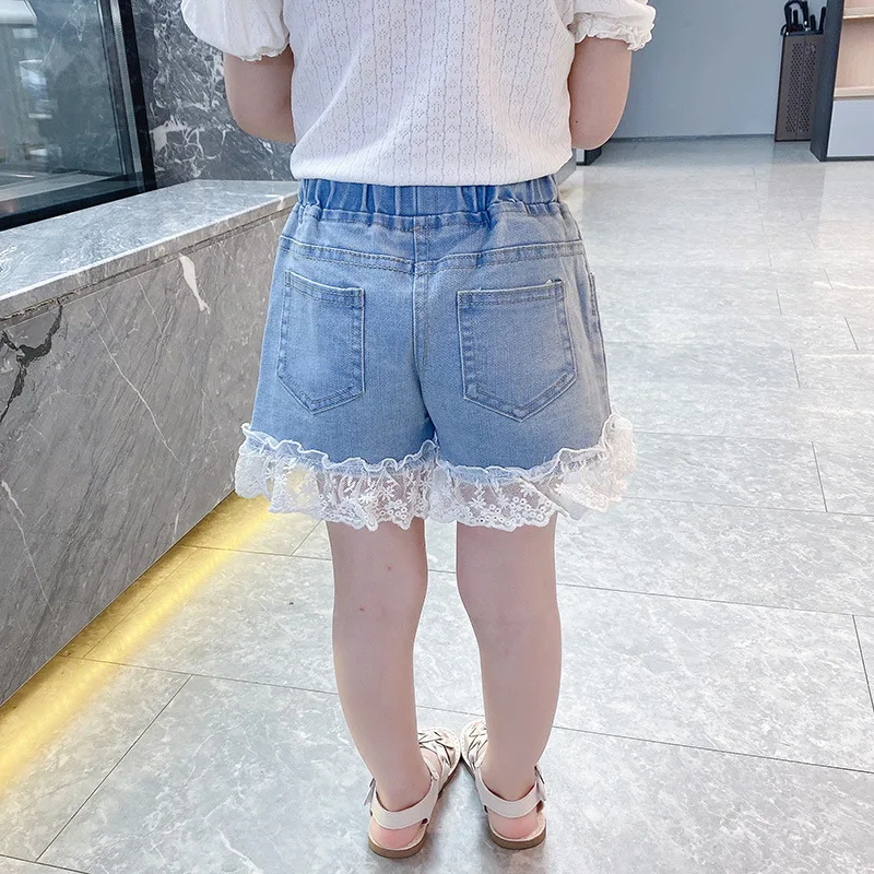 Ienens-calça jeans feminina curta, shorts de praia com renda casual, roupas infantis de verão, jeans de 4 a 13 anos
