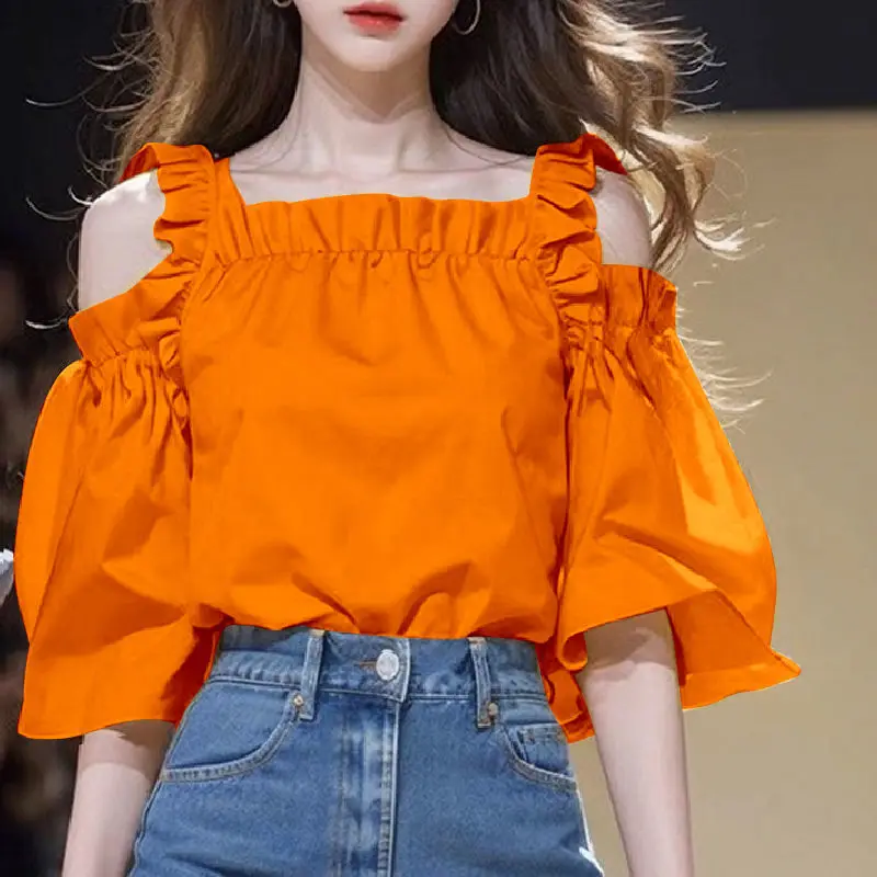 

Square Neckline Collarbone Shirt for Women, Uniquely Designed Small Trendy Sweet and Spicy Off-shoulder Short-sleeve Top
