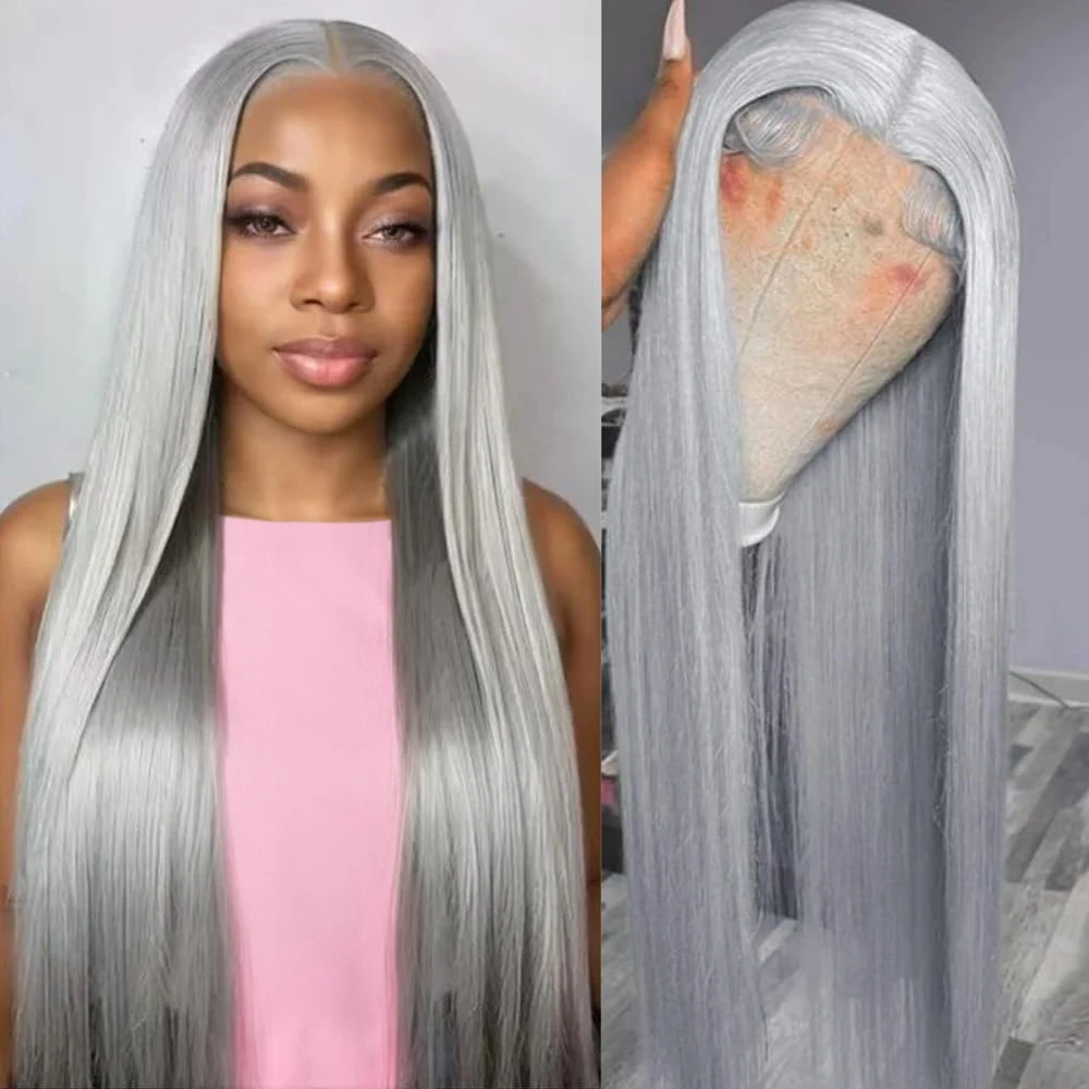 

40inch Silver Grey Straight Wigs Human Hair 250% Density 13x6 13x4 HD Lace Frontal Colored Wig Pre Plucked With Baby Hairline