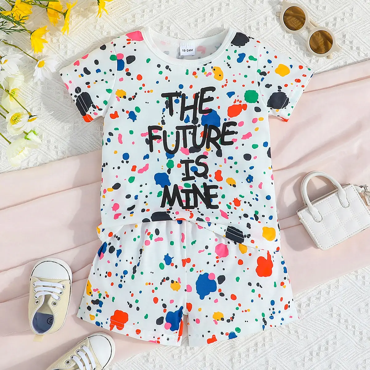 

2023 Summer Child Clothes Sets Short Sleeve O Neck Letter Dot White 2 Piece Sets Designer Girls Clothes Sets 12M-5T