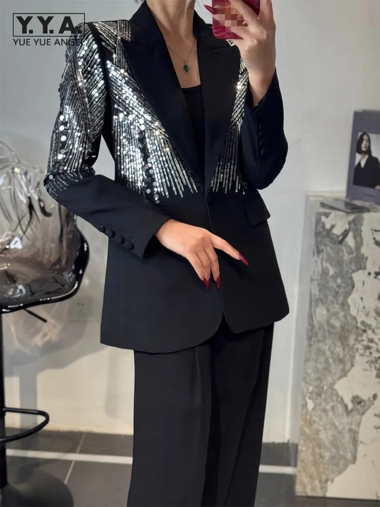 

Fashion Sequined Banquet Office Women Suits Set Long Sleeve Single Button Blazers High Waist Straight Pants Female Two Piece Set