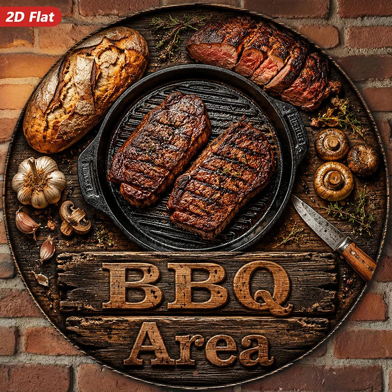 2D Flat, 1pc Rustic Bbq Kitchen Round Metal Sign Wall Art, BBQ Area Sign Text, Grilled Steak Skillet, Crusty Bread Loaf, Mushroo