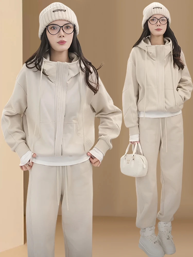 

Fashionable Sporty Women's Set Hooded Long Sleeve Wide Leg Pants Two Piece Suit Autumn Winter New Arrival Casual Wear