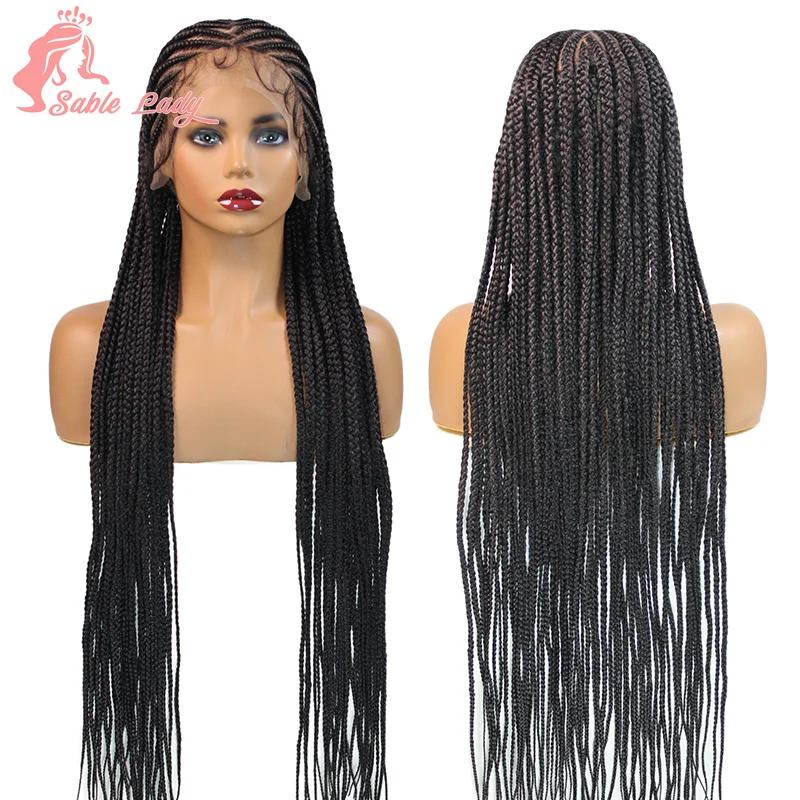 Synthetische Full Lace Box Gevlochten Pruiken Cornrow Gevlochten Pruik Voor Zwarte Vrouwen Knooploze Vlechten Pruik Baby Haar 36 "Transparante Kanten Pruiken