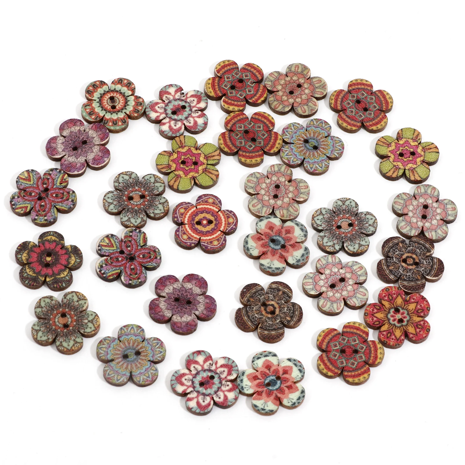 50 PCs Wood Ethnic Sewing Buttons Scrapbooking 2 Holes Flower At Random Color for Handwork Sewing Clothing Button DIY Crafts