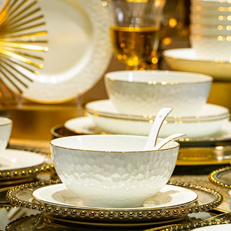 Jingdezhen Tableware High-End Hotel Ceramic Tableware Plate Combination Pure White Golden Trim Bone China Bowl and Dish Set