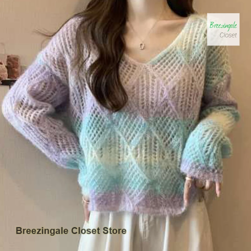 

Korean style dopamine rainbow gradient hollow sweater V-neck long-sleeved women's spring and autumn loose beautiful top
