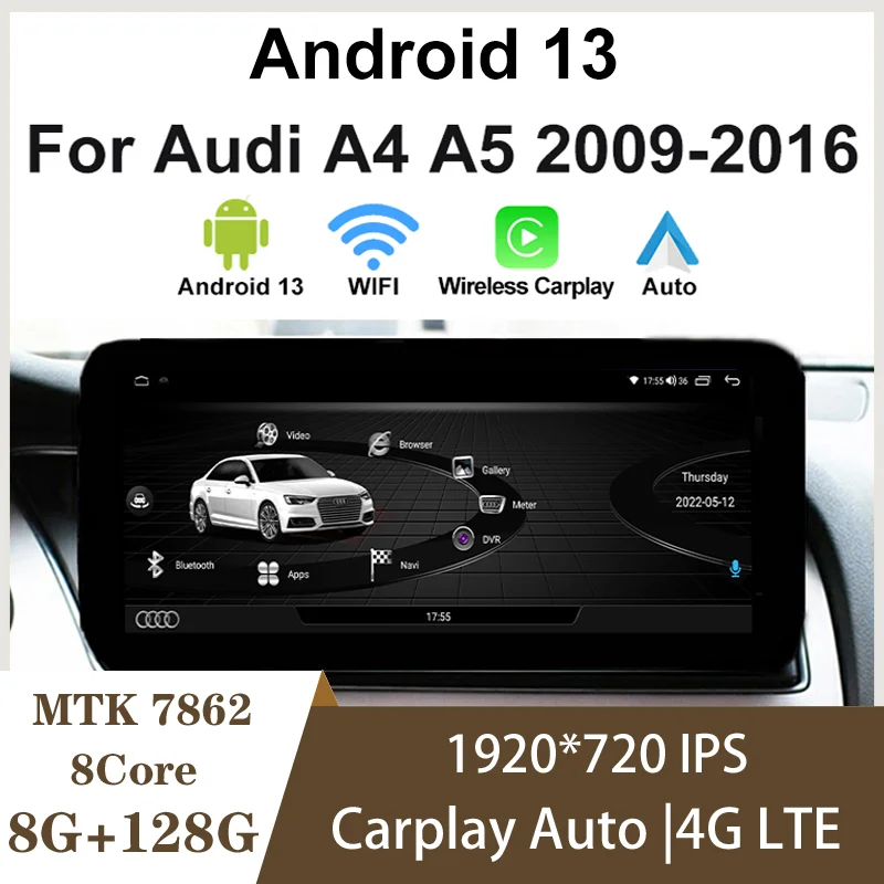 

10.25"/12.5" Android 13 128G Car Radio For AUDI A4 A5 B8 2009-2016 Carplay Auto Multimedia Player GPS Navigation Touch Screen 4G