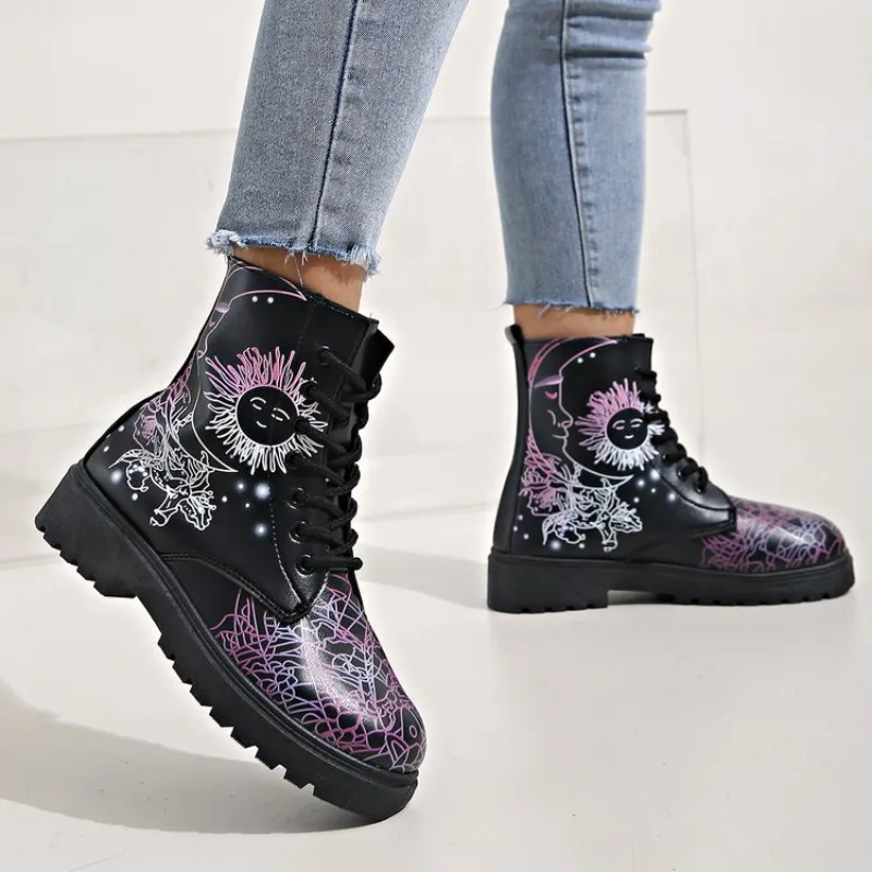 Autumn Winter New Print High-top Lace Up Ladies Boots 2023 British Fashion Women\'s Tooling Boots Platform Sport Hiking Boots