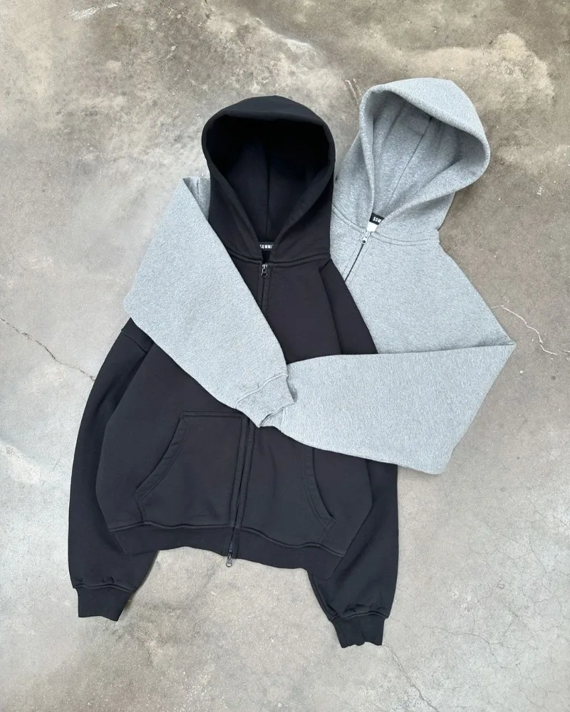 Street Casual Loose Solid Color Zipper Hoodie Women Y2k Harajuku Retro Goth Fashion Versatile Oversized Sweatshirt Jacket Men