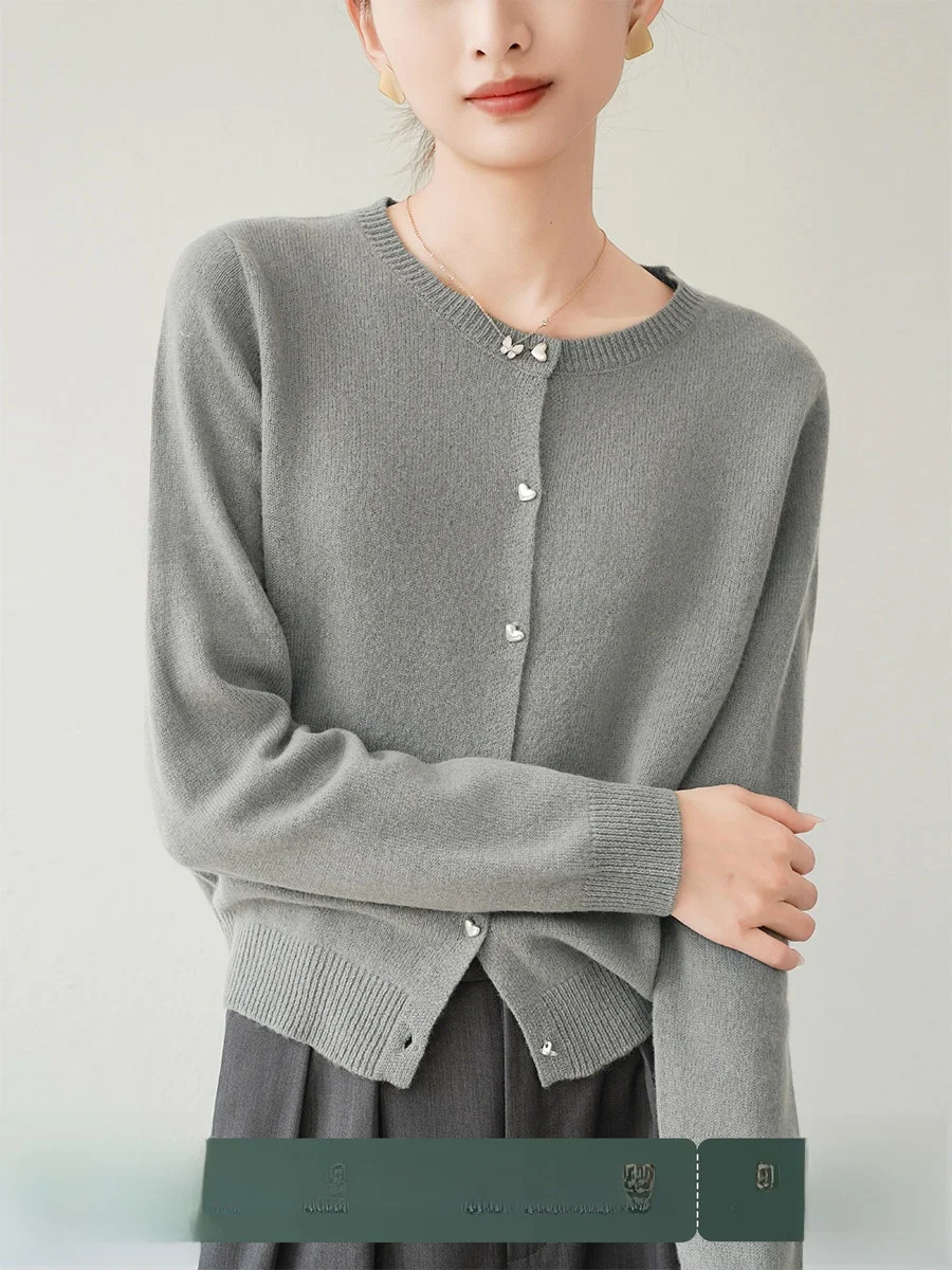 

XALI ey Lightweight Warm 00 Wool Knitted Cardigan Women's round Ne Thin Sweater Outerwear Straight Cut Commute Sle Lon...
