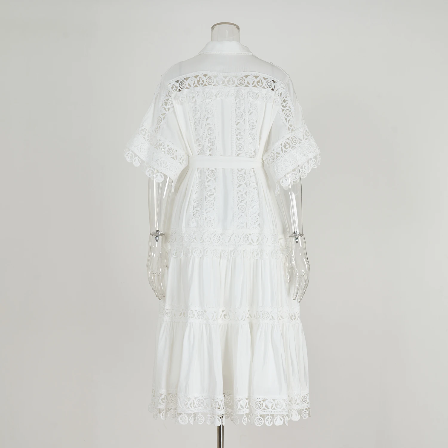 Runway 2025 Summer Lace Embroidery Short Sleeve Holiday Beach Dress Women's Hollow Out Lace Trim Evening Prom Party Vestido Robe