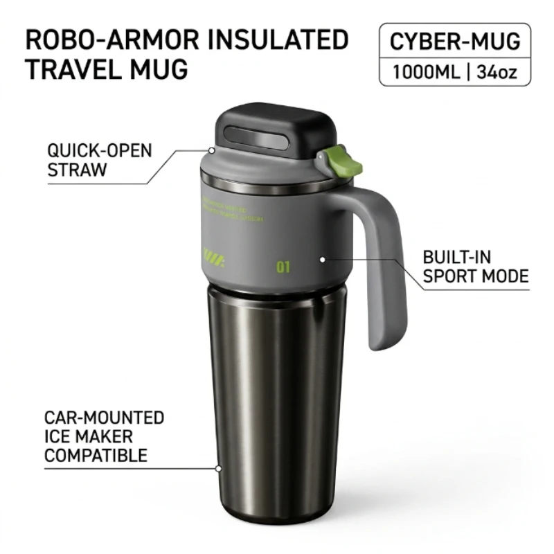 Robo Armor Style Insulated Cup, Portable Cold Drink Tumbler With Quick Open Straw, Car Mounted Ice Maker Travel Mug