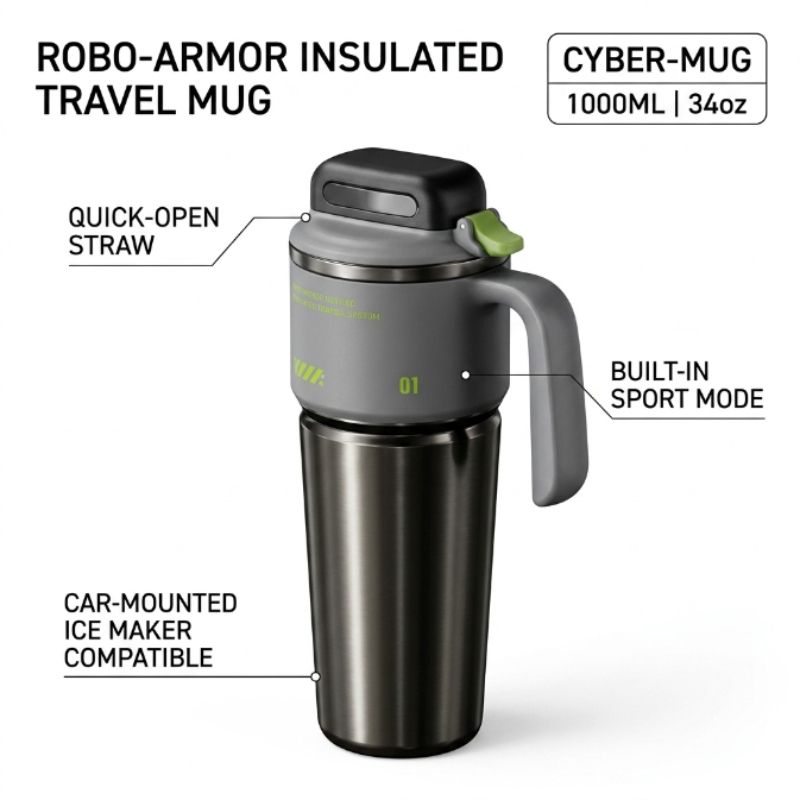  Robo Armor Style Insulated Cup, Portable Cold Drink Tumbler With Quick Open Straw, Car Mounted Ice Maker Travel Mug 