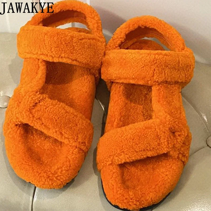 

Designer New Wool Fur Sandals Women Beach Shoes Flat Heel Bohemian Autumn Casual Sandals Designer Brand Lover's Shoes Plus Size