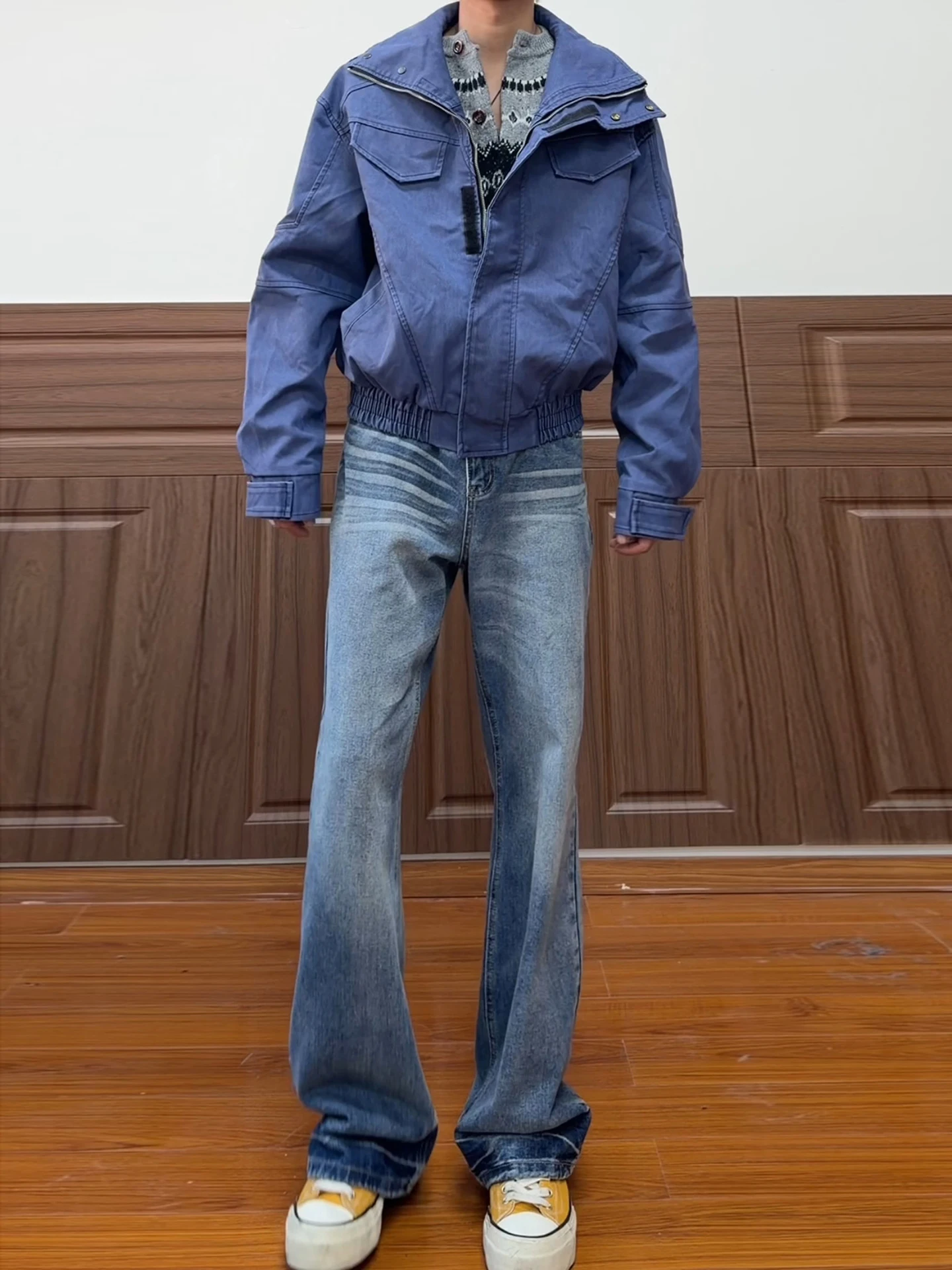 

Cleanfit High Waist Bell Bot Jeans Men's American High Street Lengthening Legs Pattern Straight Leg Trousers