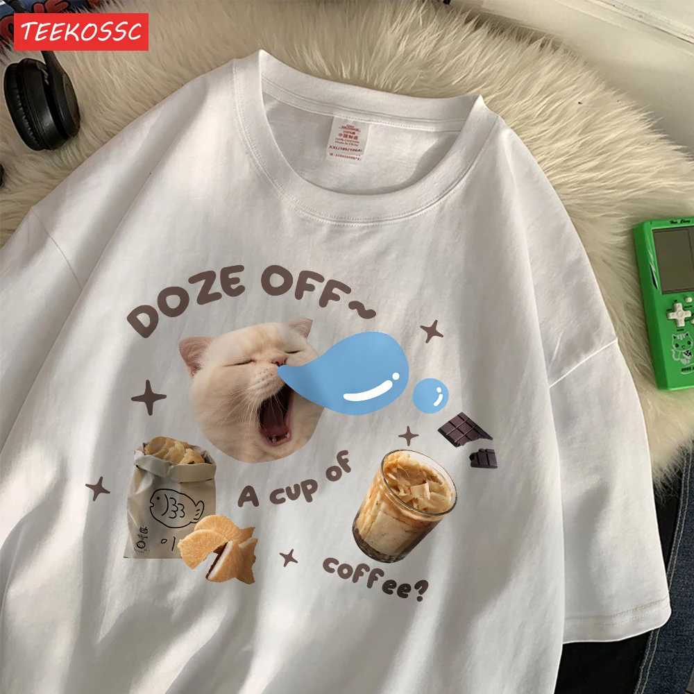 Trend Cotton Women'S T-Shirts Sleepy Cat American Retro Cute Printed Streetwear Soft Breathable Oversize Summer Female Clothes