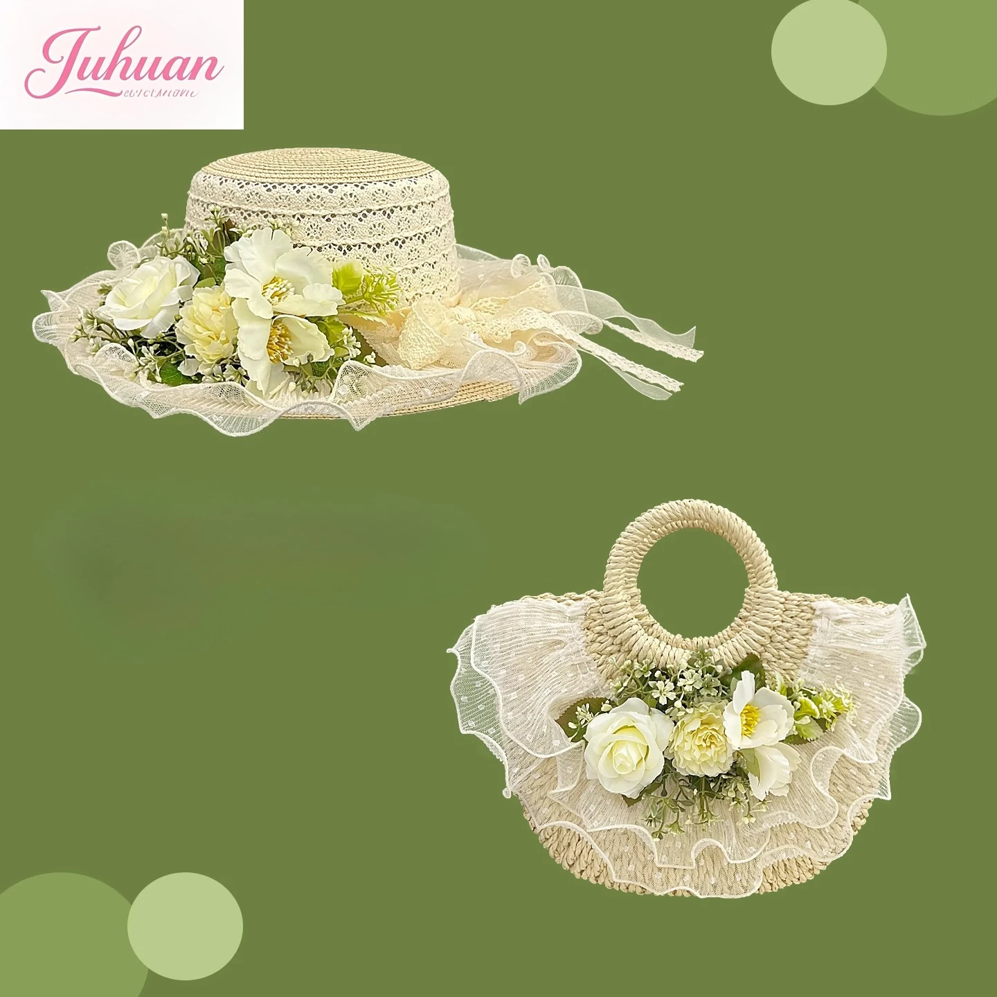 

Japanese Fresh Sweet Lolita Mori Pastoral Straw Hat Women's Lace Bow Flower Handbag Top Hat Straw Visor Hat Lady Beach Traveling