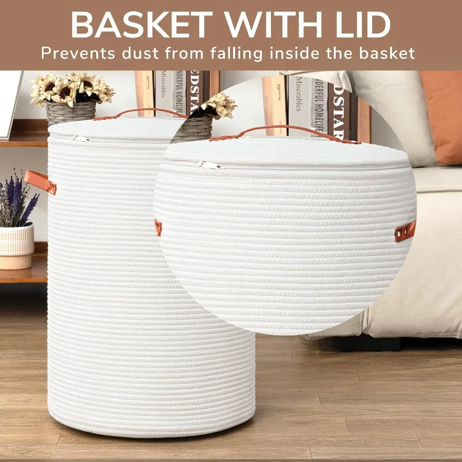Tall Laundry Basket with Lid for Nursery and Home Use: White Cotton Rope Storage Basket Ideal for Storing Clothes Blankets Toys