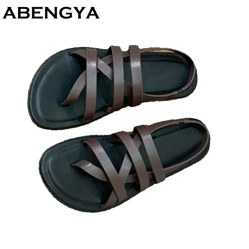 

Новые шлепанцы, сандалии на плоской подошве, женские летние кожаные праздничные пляжные сандалии, женская пикантная римская повседневная обувь Sandalias Mujer