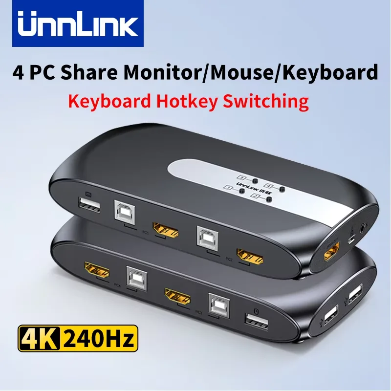 

Unnlink 4K 240 Гц HDMI KVM-переключатель 4 порта HDMI USB-переключатель селектор горячая клавиша для 4 ПК Share Монитор Мышь Клавиатура