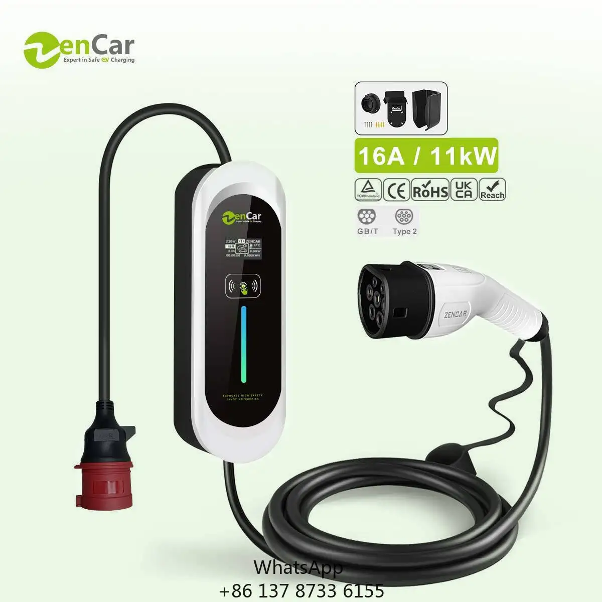 Zencar 11kW Portable EV Charger TUV CE 16A Level2 EVSE Type 2 Electric Car Charger Home Charging Station With 3 Phase Red CEE