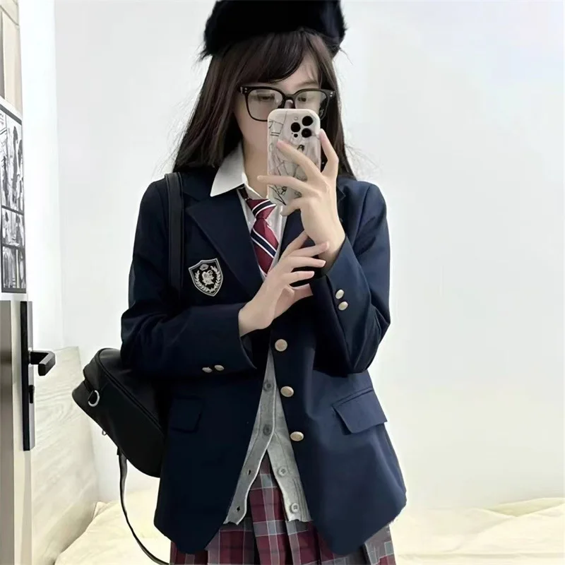 Original Red Wine Color JK Uniform School Suit Jacket Women's Style Commute Slim Fit Polyester Long Sleeve Pure Color Top