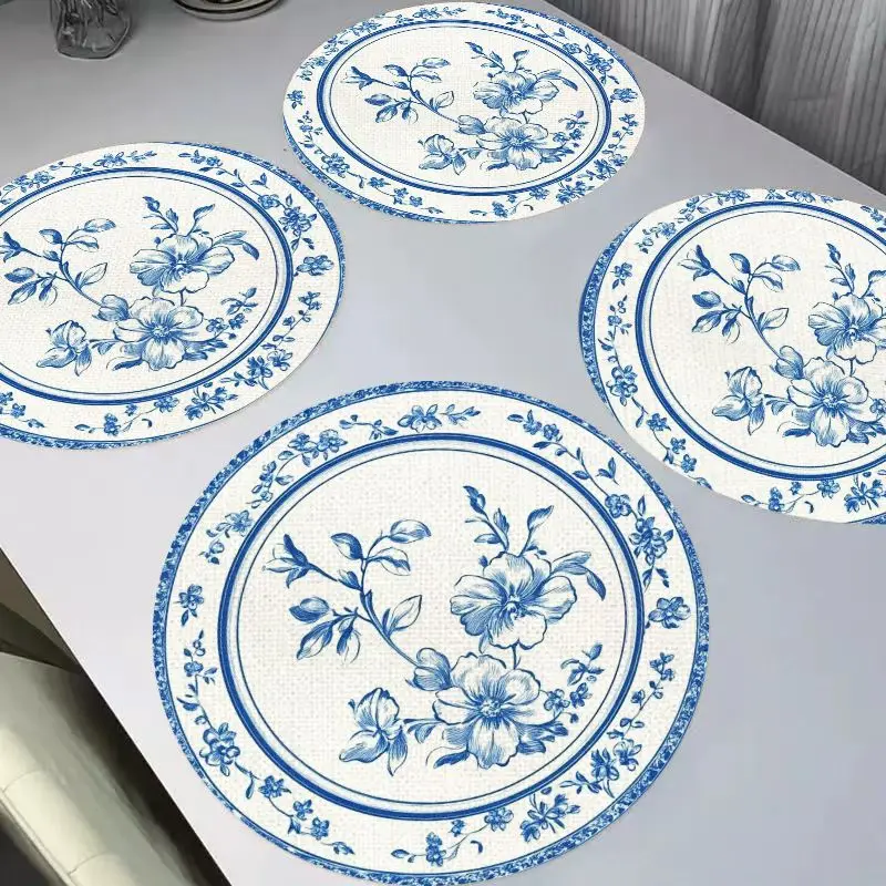 VIKAMA New Chinese style Gongbi Magpie Round Linen Table Mat Insulation, Washable, Wear resistant Table Mat Table Decoration