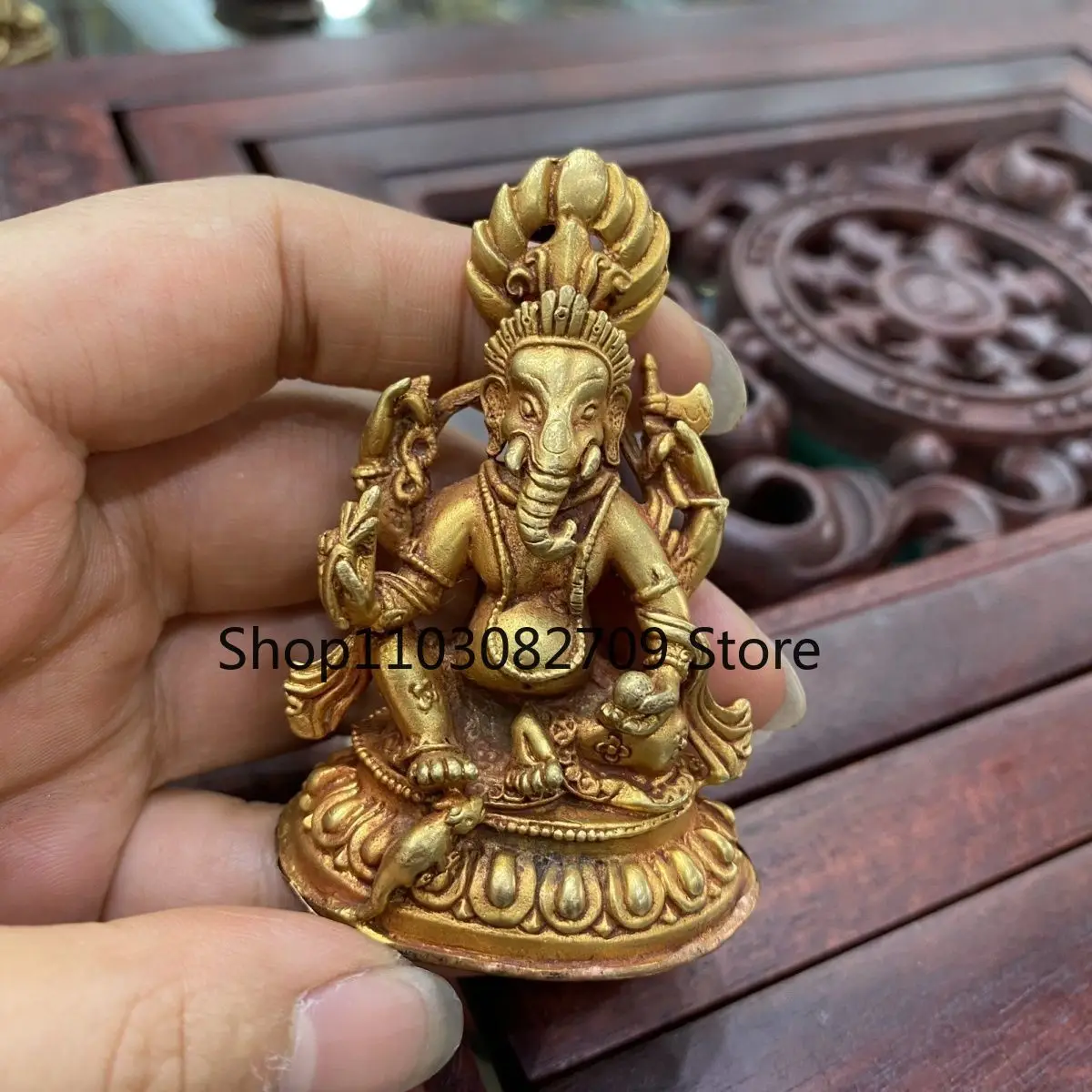 About 6cm Elephant God of Wealth Elephant Trunk Heaven God of Wealth Nepal imported pure copper gilt Buddha statue four-armed El