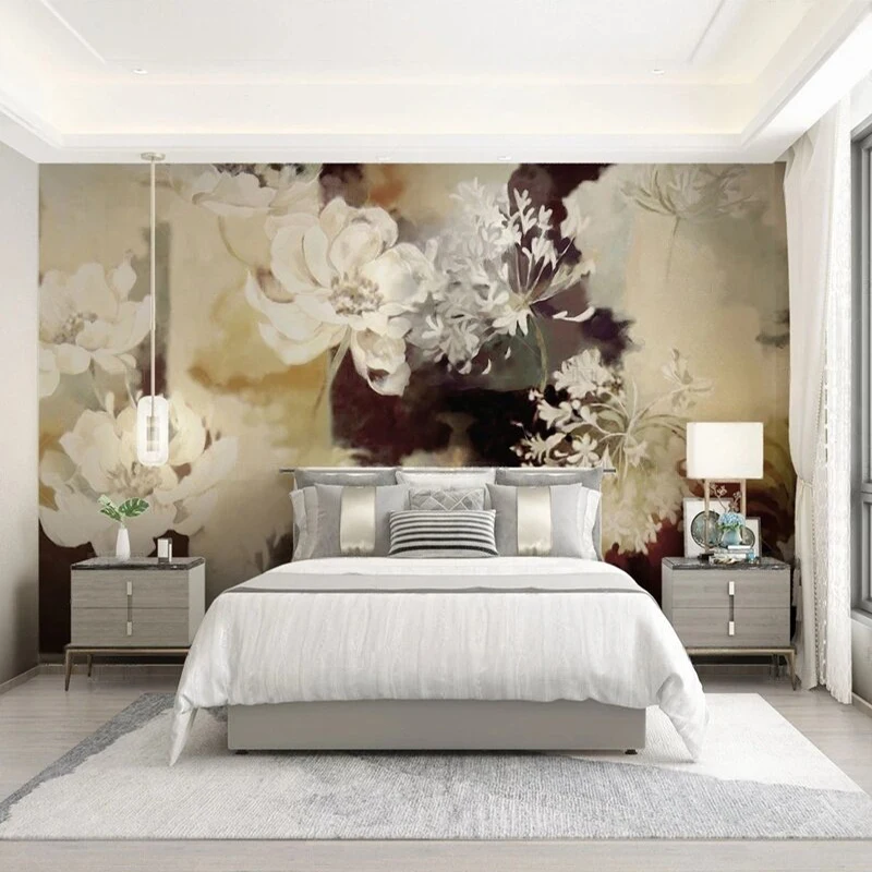 Modern simple and high-end floral light brown decorative picture TV luxurious home decoration bedroom background wall