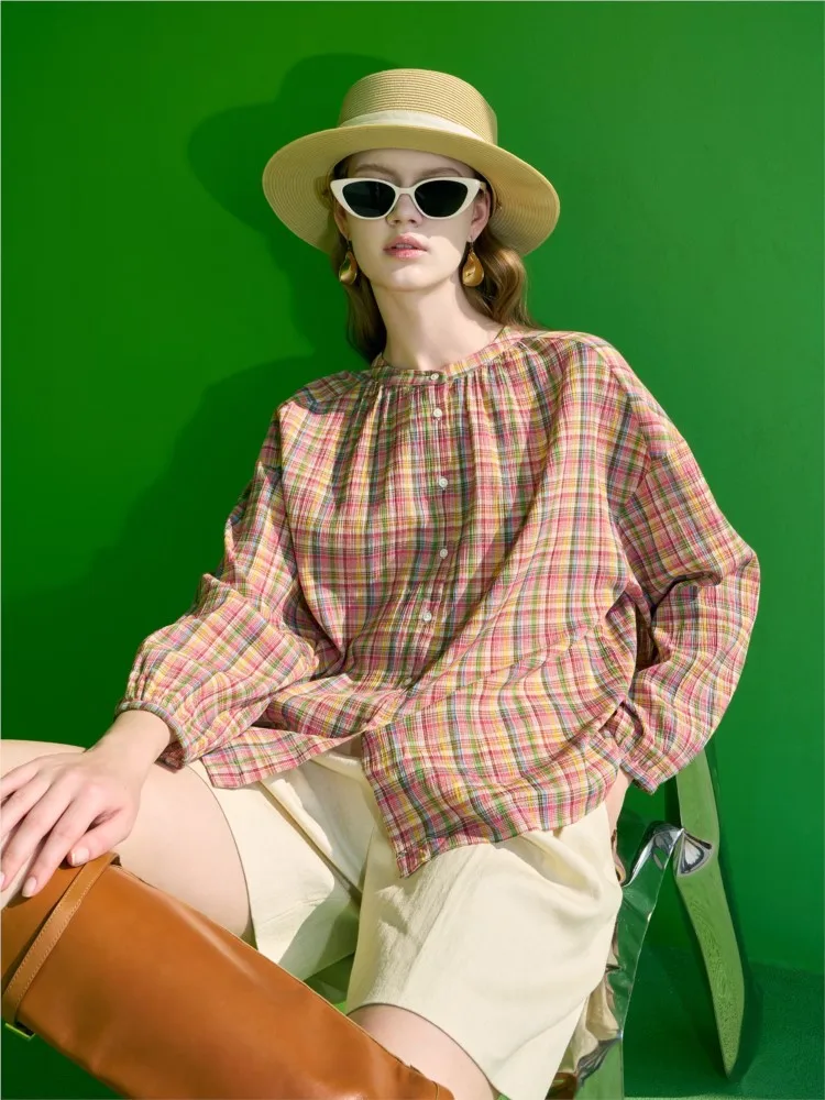 2024 New Spring Summer Small Round Neck Drop Shoulder Long Sleeve Shirt Fashion Casual Rainbow Plaid Vintage Blouse Overshirt