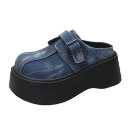 7.5cm Denim Platform Wedge Ladies Slippers Lace Up Chunky Sneaker Casual Comfy High Brand Breathable Spring Summer Bao Toe Shoes