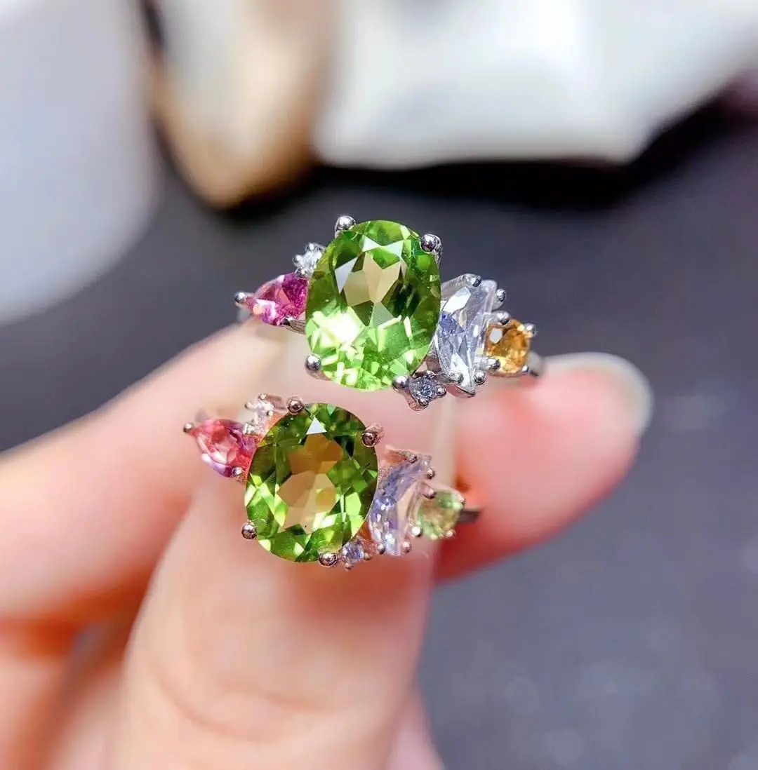 ZECAA 925 Jewelry Woman Peridot Ring With Natural Peridot Gemstone 7*9mm S925 Silver Peridot Ring Jewelry For Lady Girl