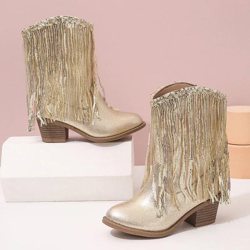 2023 New Girls Short Boots PU Tassels Elegant Dance Performance Shoes Princess Kids Boots PU Silver European and American Style