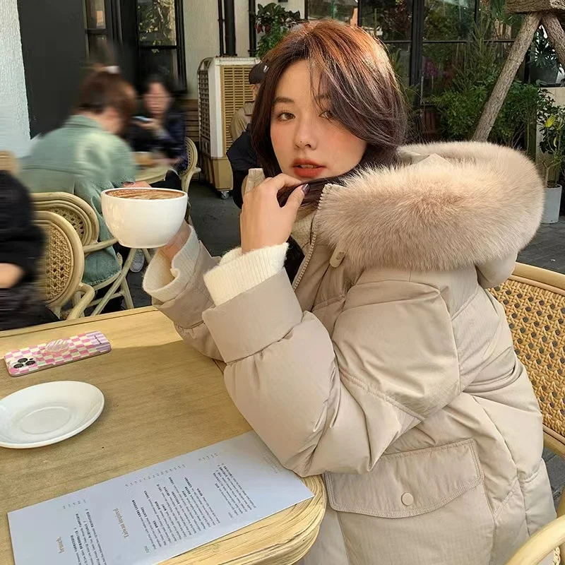 Fox Fur Collar Down Jackets Hooded Women Winter Fashion Horn Button Thickened White Duck Coats Straight Pocket Windproof Cuffs