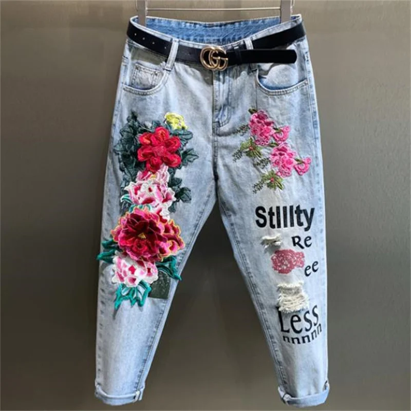 Embroidered Jeans elastic Women\'s High Waist Straight Pants