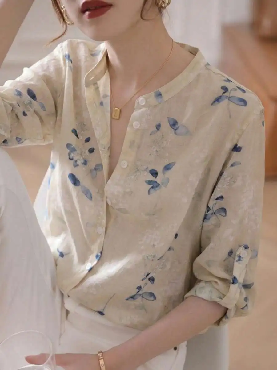 

Womens Misty Blue Watercolor Floral Print Stand Collar 3/4 Sleeve Blouse Breathable Linen Blend Slim Fit Office Vacation Top