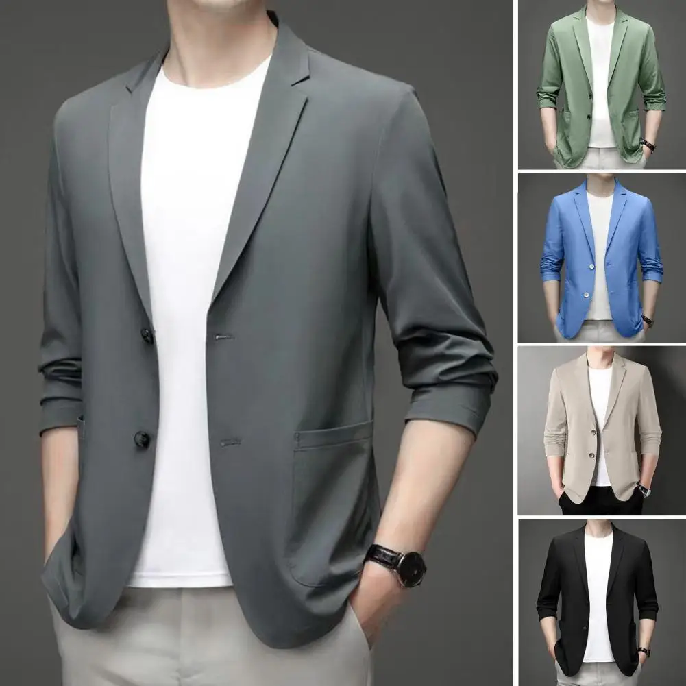 Summer Suit Coat Elegant Lapel Business Coat for Men Formal Summer Suit Jacket with Double Buttons Stylish Solid Color for Work