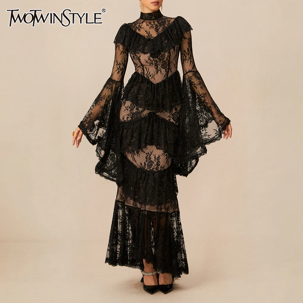 TWOTWINSTYLE, vestidos elegantes lisos de encaje empalmado para mujer, cuello levantado, mangas largas, retazos, volantes, pliegues, vestido femenino nuevo