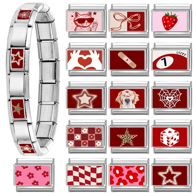 جديد أحمر وردي القلب الكلب القط الزهور الإيطالية سحر ربط صالح 9 مللي متر مجوهرات من صلب لا يصدأ DIY بها بنفسك صنع الأساور للهدايا #1