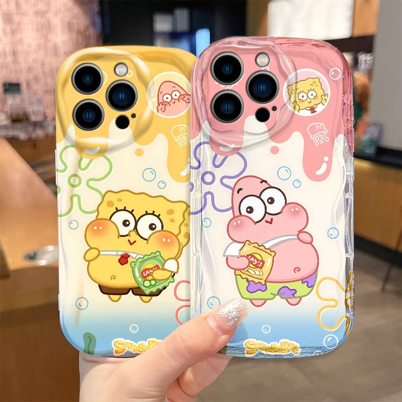 S-SpongeBobs Pictorial Wave Phone Soft Case for iPhone 15 14 11 Pro Max 13 12 Mini XR XS X 8 7 6 6S Plus SE 2020 Clear TPU Cover