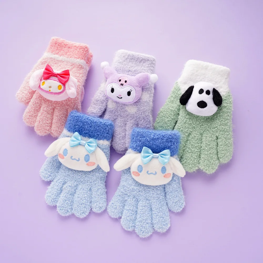 Miniso Cinnamoroll My Melody Kuromi Autumn Winter Keep Warm Kids Gloves Full Fingers Polar Fleece Girls Children Cartoon Outdoor