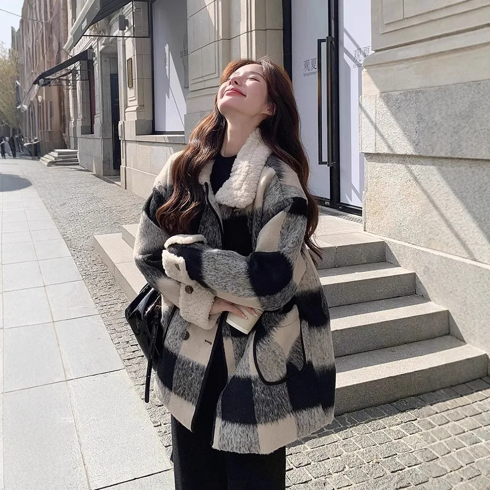 

Осень-зима женская цветная клетчатая повседневная модная простая базовая свободная шерстяная куртка с отложным воротником и длинными рукавами женская одежда