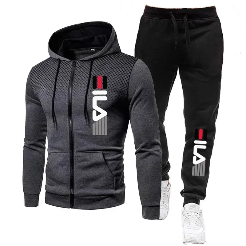 Two Piece Jogger Suits Mens Autumn Winter Long Sleeve Zipper Print Hoody Coat and Long Sweatpants Male Outdoors Sport Tracksuits