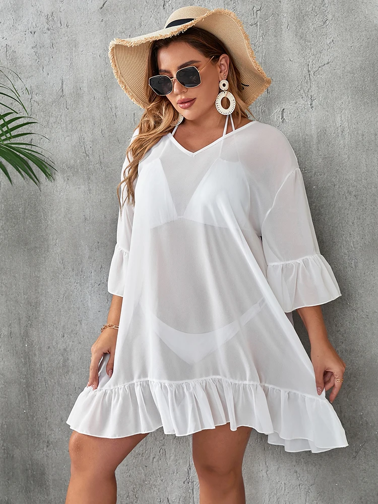 Plus Size Women Summer V-Neck Lotus Leaf Print Swing Beachwear Sunscreen Smock Loose Cover Up Solid Color Bikini Vacation Style view 3