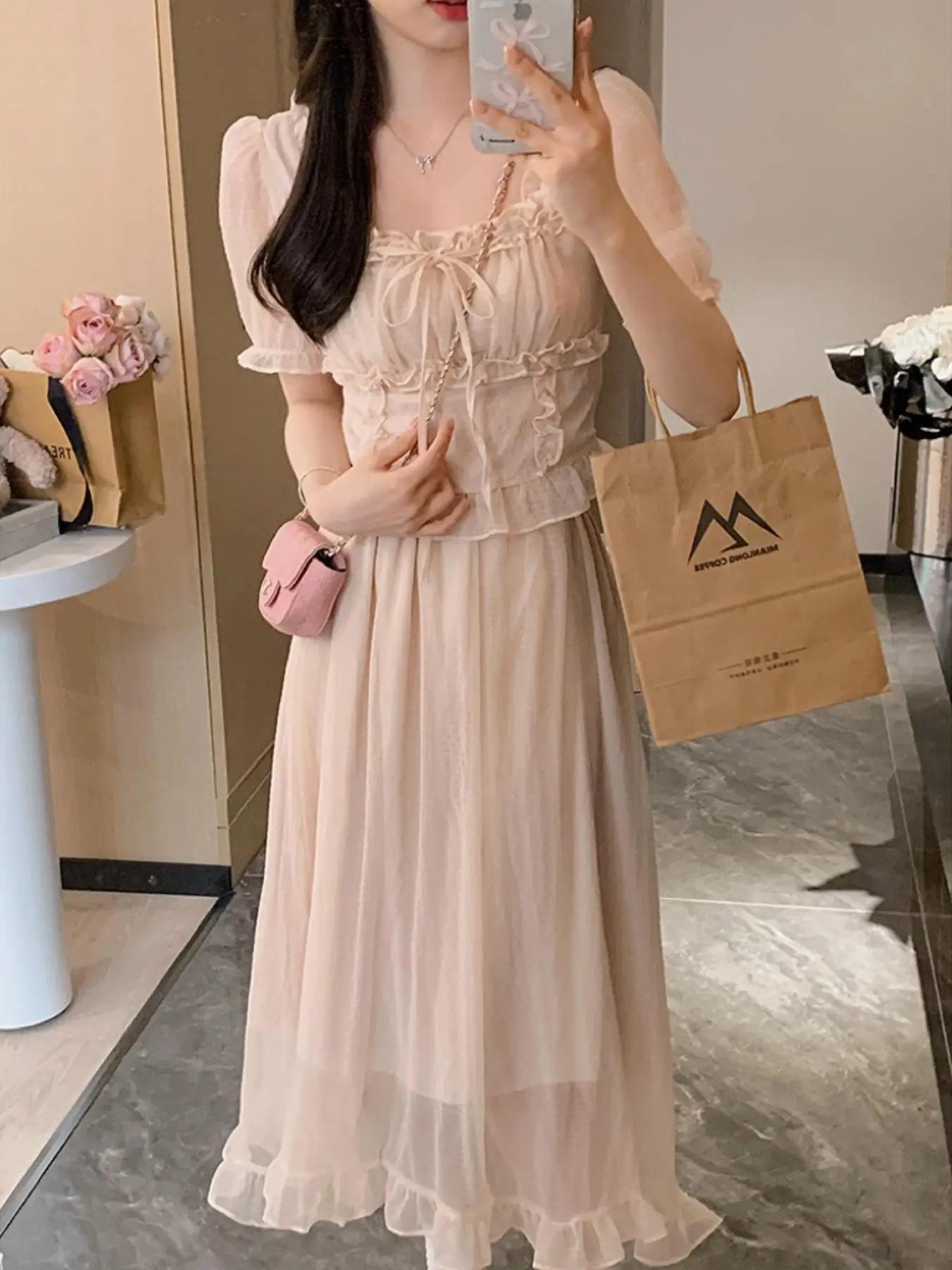 

Anli Sweet Fairylike Long ter Ne f Skirt Two Piece Set 2024 New Sle Polyester Fabric Faionable Women's Set